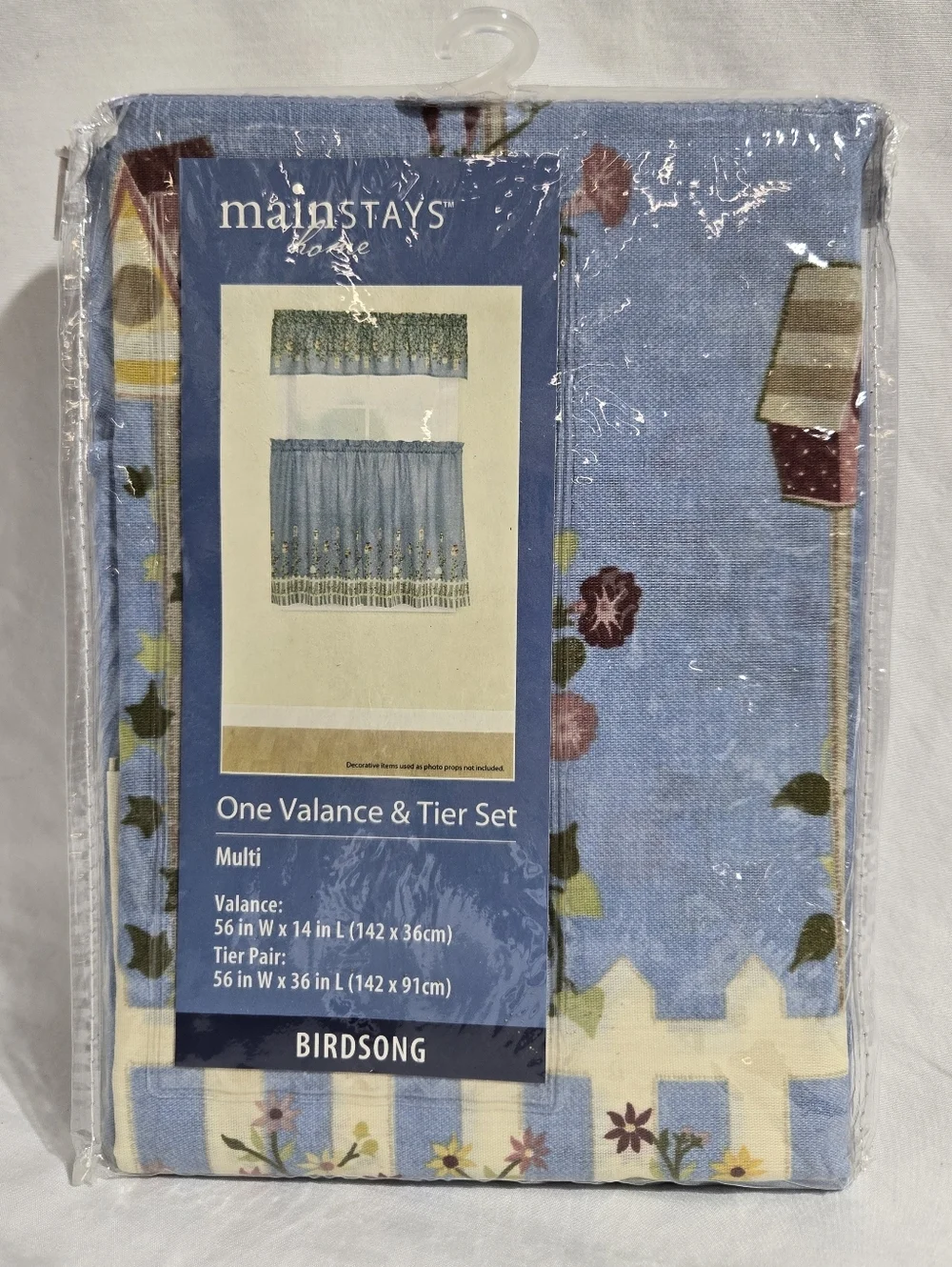 NWT Mainstays Birdsong Kitchen Curtain Valance & Tier Set Light Blue Cottagecore